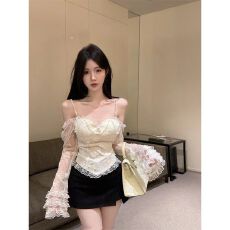 批发法式纯欲风蕾丝拼接长袖吊带蕾丝衫修身显瘦胸衣女气质上衣