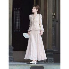 批发初秋清冷富家千金穿搭高端精致新中式国风粉色蕾丝旗袍连衣裙套装