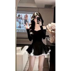 批发黑色高奢绝美一字肩连衣裙女<b class='q'>春</b>秋温柔收腰富家千金大小姐公主裙