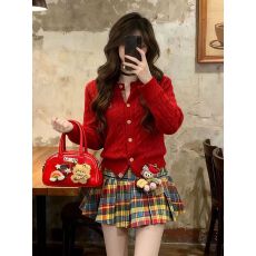 批发韩系温柔红色针织开衫女秋冬季氛围感日系学院风百搭格纹毛衣外套