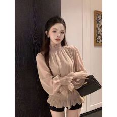 批发喇叭泡泡袖立领雪纺衬衫女<b class='q'>秋</b>季法式荷叶边上衣巨好看绝美宫廷衬衣