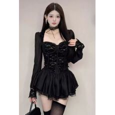批发法式纯欲风黑色蕾丝拼接方领上衣女早秋辣妹高腰显瘦<b class='q'>蓬蓬</b>短<b class='q'>裙套装</b>