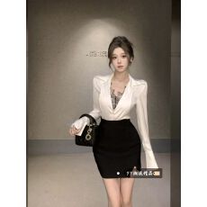 批发拼接蕾丝衬衫缎面纯欲衬衣秋冬季新款打底衬衫设计感<b class='q'>包臀</b>半裙套装