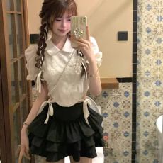 批发韩系辣妹套装女夏季蝴蝶结绑带收腰白色短袖上衣花边蛋糕裙<b class='q'>两件</b>套