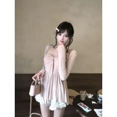 批发纯欲风套装<b class='q'>女</b>粉色长袖<b class='q'>开衫</b>外套<b class='q'>女</b>春季内搭飘带抹胸背心辣妹两件套