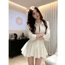 批发法式纯欲风辣妹2026春季新款气质千金感收腰显瘦短裙拼接衬衫裙女