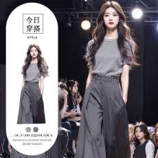 批发夏装搭配一整套时尚冷淡系小众不撞款灰色针织短袖<b class='q'>西装</b>阔腿裤<b class='q'>套装</b>