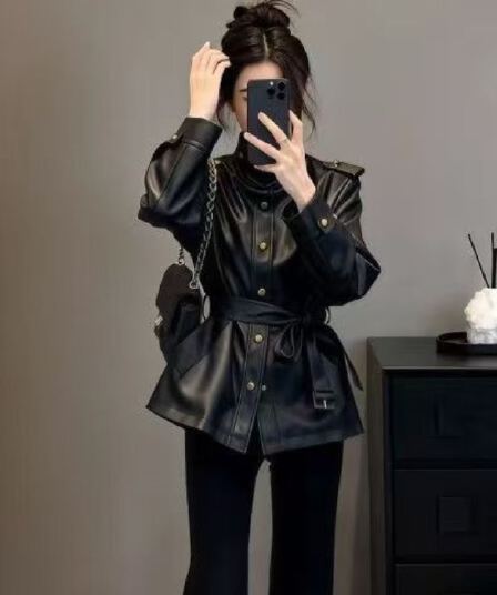 한 부서 작은 대중 스탠드 칼라 긍정적 인 어깨 가죽 재킷 여성 코트 가을 겨울 새로운 패션 허리 수축 스트랩 긴팔 싱글 줄 버튼 맨위
