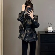 批发韩系小众立领正肩皮衣外套女秋<b class='q'>冬</b>新款时尚收腰绑带长袖单排扣上衣