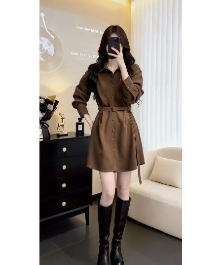 프랑스식 품격 로얄 자매 달콤함 천 골드 고급 센스 명문 여성 허리 수축 브라운 두꺼운 중간 길이 울 코트 가을 겨울