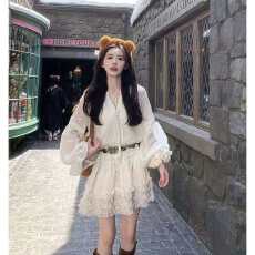 批发法式温柔粉色<b class='q'>荷叶</b>边V领飘带泡泡<b class='q'>袖</b><b class='q'>连衣裙</b>女夏季小众收腰绝美长裙