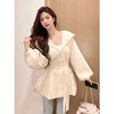 批发高级感灯笼袖连帽风衣外套女<b class='q'>春</b>秋季新款收腰显瘦系带上衣