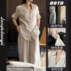 批发老钱风衬衫套装女2026年夏季新款复古简约慵懒宽松阔腿裤两件套