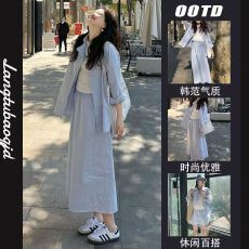 批发港风休闲运动套装女2026年夏季简约百搭防晒衬衫宽松中长裙or短裤