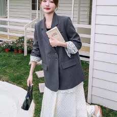 批发高级感灰色<b class='q'>蕾丝</b>拼接<b class='q'>西装外套</b>女2026春季新款气质双排扣通勤小西服