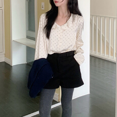 批发尺寸已更新 韩国chic 小众波点木耳边圆领<b class='q'>缎面</b>衬衣上衣