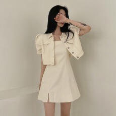 批发尺寸已更新<b class='q'>韩国</b>chic 减龄小个子工装夹克上衣<b class='q'>外套</b>+吊带连衣裙套装