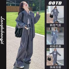批发休闲慵懒松弛感穿搭格纹套<b class='q'>装</b>女春秋超火好看高级<b class='q'>衬衫</b>阔腿<b class='q'>裤</b><b class='q'>两件套</b>