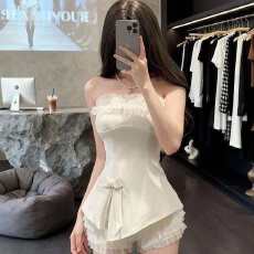 批发纯风辣妹漏背套装女夏季新款蝴蝶结显瘦时尚上衣搭<b class='q'>网纱</b><b class='q'>裙</b>裤两件套