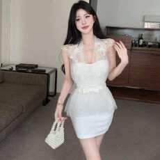 批发纯欲气质名媛千金风挂脖连衣<b class='q'>裙</b>女蕾丝拼接<b class='q'>网纱</b>包臀<b class='q'>裙</b>抹胸<b class='q'>裙</b>子短<b class='q'>裙</b>
