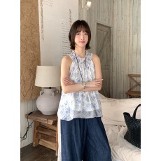 批发有货复古水墨画挂脖吊带小衫韩系百搭女宽松碎花无袖衬衣