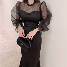 批发有货韩国chic气质拼接网纱收腰显瘦纯色鱼尾<b class='q'>连衣裙</b>