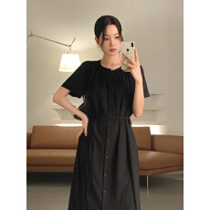 批发韩国chic 法式圆领单排扣系带收腰显瘦<b class='q'>连衣裙</b>