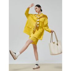 批发黄色大口袋长袖衬衫套装女薄款衬衣外套宽松短裤巨好看夏装一整套