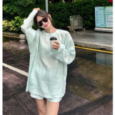 批发韩系独特绝美长袖T恤套装女夏慵懒松弛感宽松防晒上衣<b class='q'>短裤</b>两件套