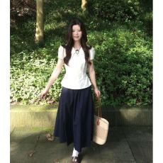 批发夏季法式<b class='q'>套装</b><b class='q'>女</b>娃娃领短袖小衫+蓝色a字高腰半身长裙超<b class='q'>好看</b>两件套