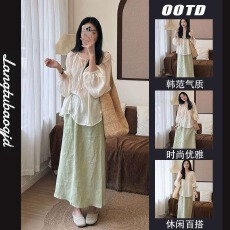 批发2026夏季新款韩系松弛感穿搭长袖防晒系带上衣半身裙气质休闲套装