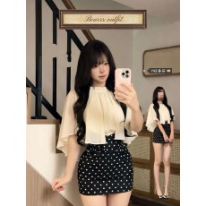 批发<b class='q'>套装</b>女夏季新款法式温柔风圆领斗篷雪纺衫上衣高腰显瘦波点半身裙