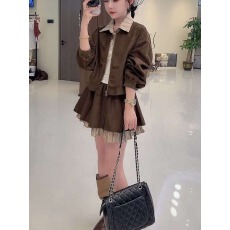 批发美式辣妹气质复古假两件皮衣外套半裙女装2026秋季新款<b class='q'>休闲</b>风<b class='q'>套装</b>