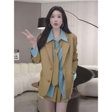 御姐套装女秋冬竖条纹领带西装外套单排扣翻领衬衫百褶短裙两件套