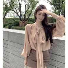 批发法式蝴蝶结绑带长袖<b class='q'>雪纺</b>衬衫女新款宽松设计感气质百搭中长款上衣
