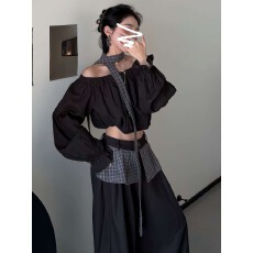 批发韩系ootd松弛感穿搭套<b class='q'>装</b>女秋季2026新款斜肩<b class='q'>上衣</b>屁帘阔腿<b class='q'>裤</b><b class='q'>两件套</b>