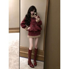 批发秋冬复古国风千金御姐甜美加棉加厚短款外套毛毛半身裙<b class='q'>两件套</b>装