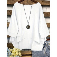 批发外贸2025亚马逊eBay夏季棉麻大码口袋纯色不规则<b class='q'>T</b><b class='q'>恤</b><b class='q'>女</b>中老年衬衫