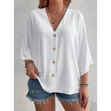 批发东南亚欧美大码纯色棉麻春夏V领纽扣<b class='q'>T</b><b class='q'>恤</b>新款休闲开衫亚麻上衣<b class='q'>女</b>