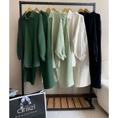 批发已出货  跨境新款两件套长袖翻领衬衫纽扣上衣松紧腰长裤<b class='q'>套装</b>休闲