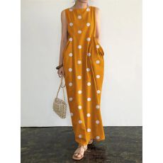 批发2025欧美亚马逊夏季新款女装<b class='q'>长裙</b>波点印花口袋宽松休闲圆领连衣裙