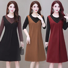 批发2024春秋季韩版新款时尚长袖圆领假两件连衣裙女修身淑女A字裙女
