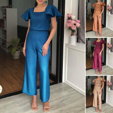 批发外贸东南亚跨境新款女装纯色短袖插袋阔腿裤休闲时尚套装批发
