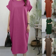 批发独立站亚马逊欧美跨境女装休闲纯色圆领短袖开叉长款连衣裙女