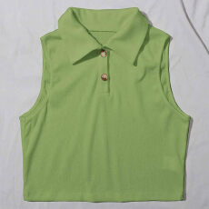 批发2024春夏跨境新款短款纽扣简约纯色背心<b class='q'>女</b><b class='q'>欧美</b>翻领无袖螺口上衣<b class='q'>女</b>