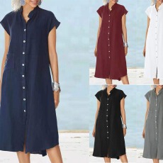 批发2024欧美亚马逊独立站新款开衫立领单排扣棉麻口袋大码连衣裙衬裙