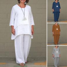 批发春秋季大码宽松<b class='q'>棉麻</b>时尚休闲不规则长袖纯色时尚运动套装外贸批发