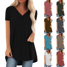 批发跨境<b class='q'>欧美</b>春夏季纯色休闲中长款大码V领宽松套头短袖<b class='q'>T</b><b class='q'>恤</b>