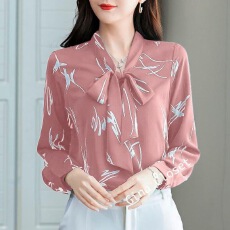 批发2025东南亚跨境新款大码女装印花蝴蝶结上衣长袖<b class='q'>衬衫女</b>装外贸批发
