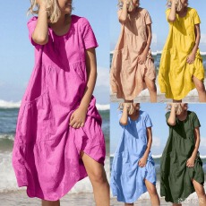 批发2025外贸爆款胖mm<b class='q'>女</b>装 欧美时尚圆领<b class='q'>大码</b>裙 宽松大摆口袋<b class='q'>连衣裙</b>